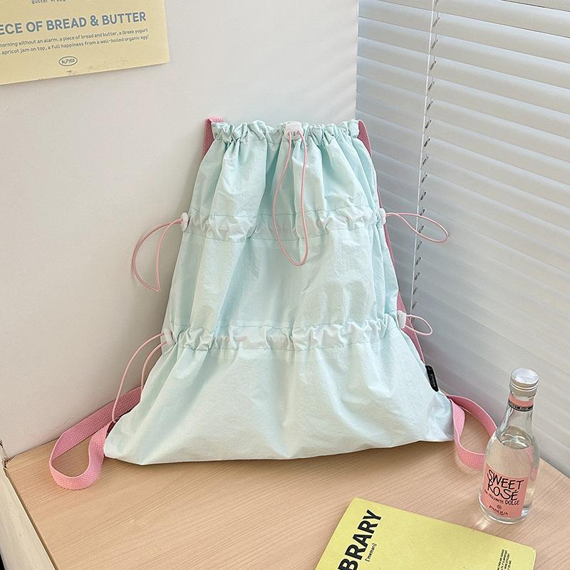 New White Drawstring Backpack for Women Korean Lazy Style Backpack Lightweight Nylon Travel Backpack
