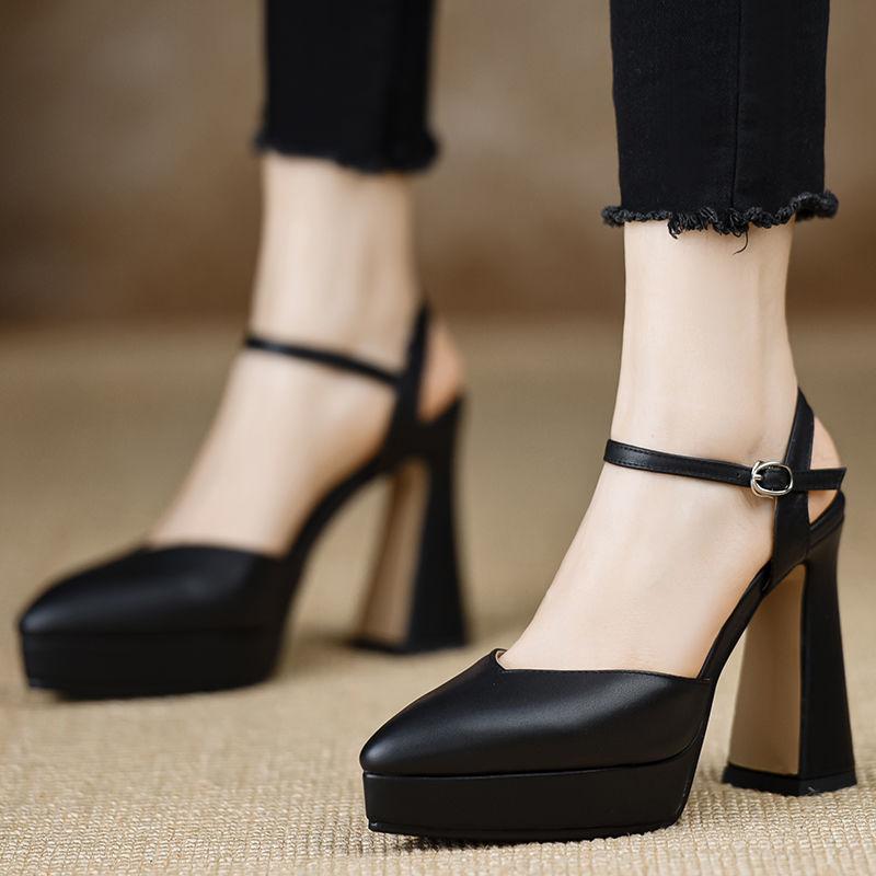 Handmade women's shoes new 2025 waterproof platform high-heeled sandals thick heel pointed buckle beige temperament high heels