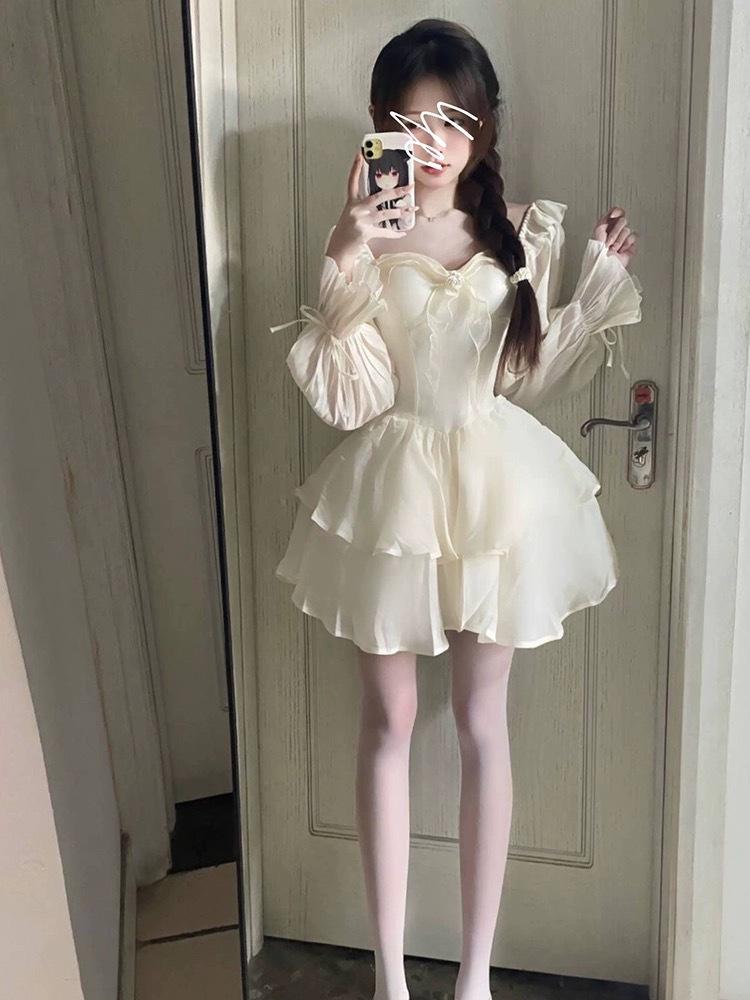 Pausa caffè abito bianco francese bambini temperamento primaverile fata gonna tutu gonna corta in vita