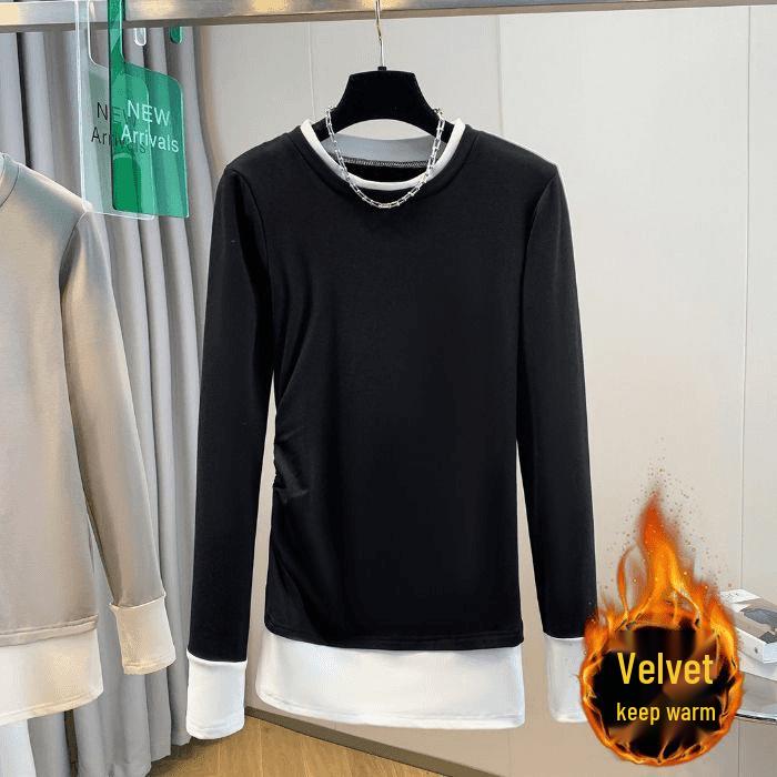 Women's Slim-Fit Two-Piece Patchwork Thermal Fleece Long Sleeve Shirt - Autumn/Winter Base Layer