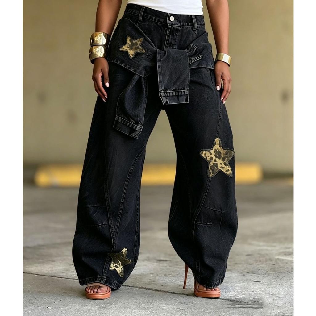 VIONA Damen-Jeans Star Vintage Altblau Gewaschen Baggy Jeans Amerikanisch Locker Weites Bein Hosen Mode Hip-Hop