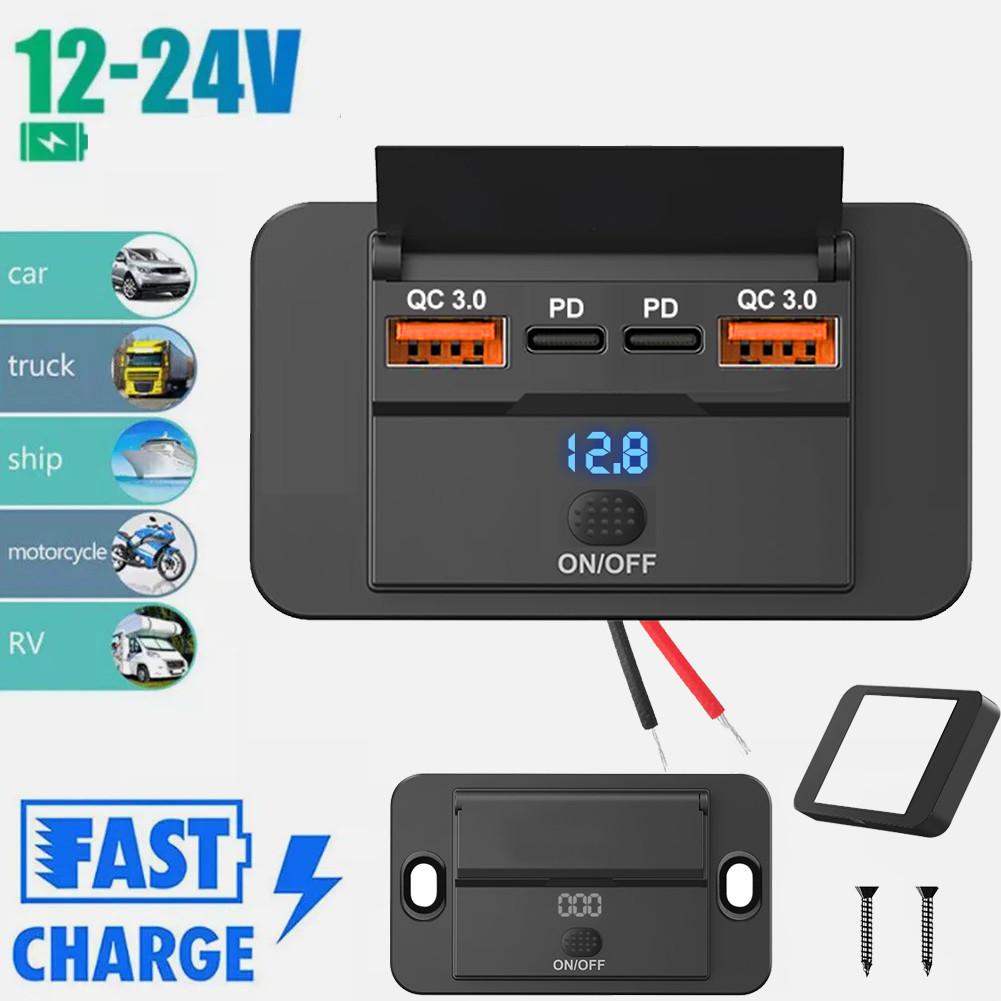 4-Port USB Fast Charger Panel 12V-24V PD QC3.0 Socket for Car RV Boat 77x45mm