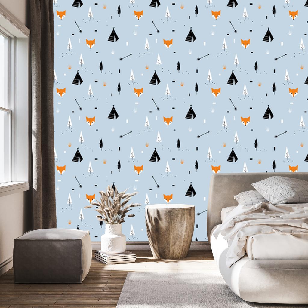 Foxes Wallpaper with Tipi Tents for Living Room and Bedroom 50x1000