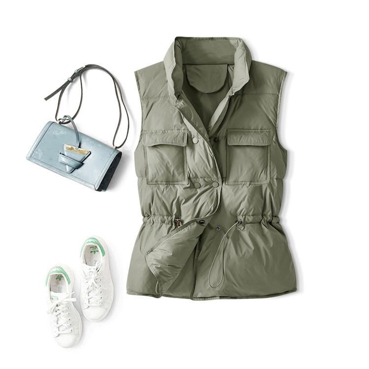 

Down vest women s outer wear waist stand-up collar jacket 2025 white duck down drawstring pocket vest vest vest L
