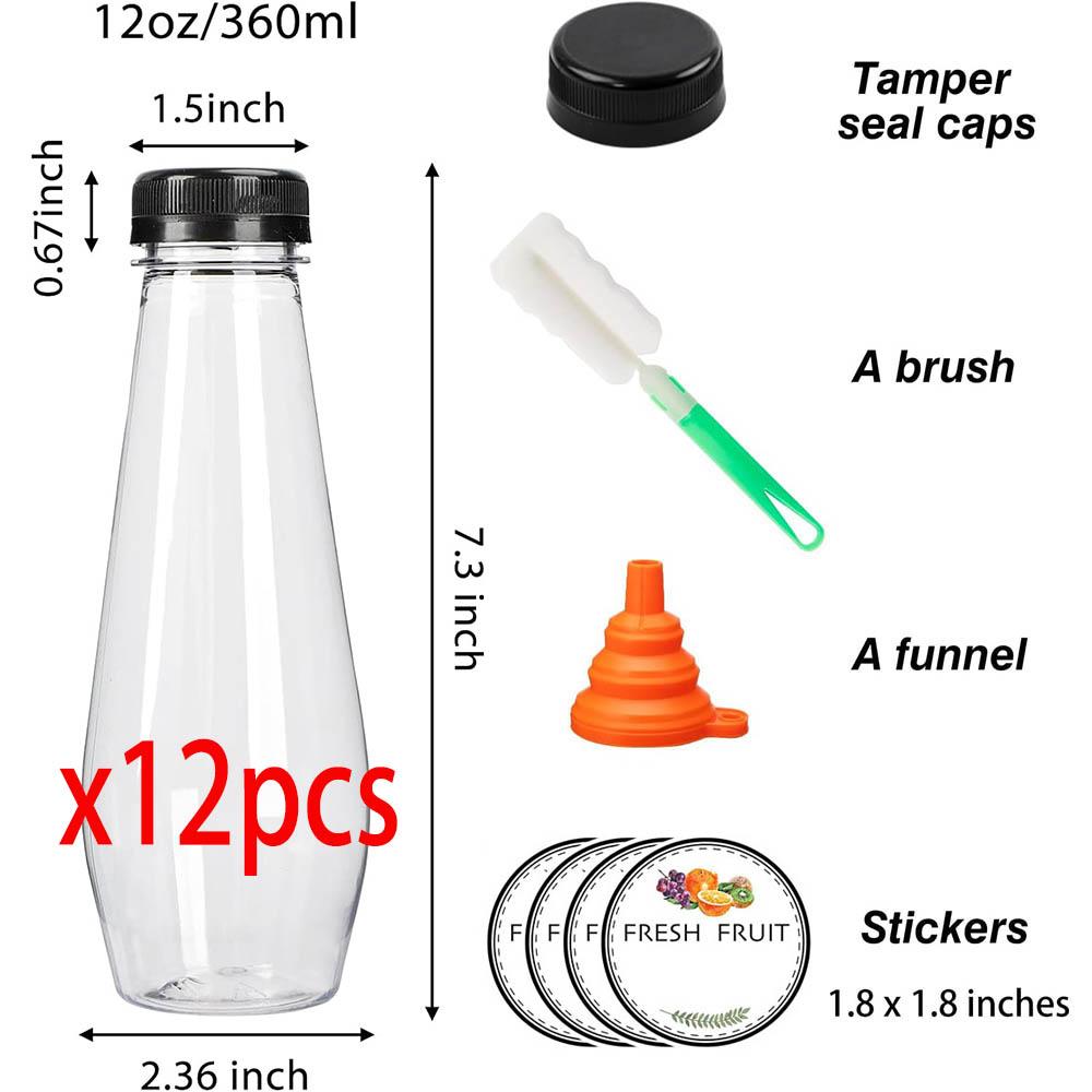 

12oz Empty Plastic Juice Bottles with Caps, Cone Reusable Clear Bulk Beverage Containers for Juicing,Drinking,Milkshake,Tea 360ml