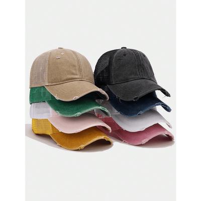 1pc Solid Distressed Perforated Mesh Washed Baseball Cap, Breathable Sun Protection Accessory For Spring/Summer