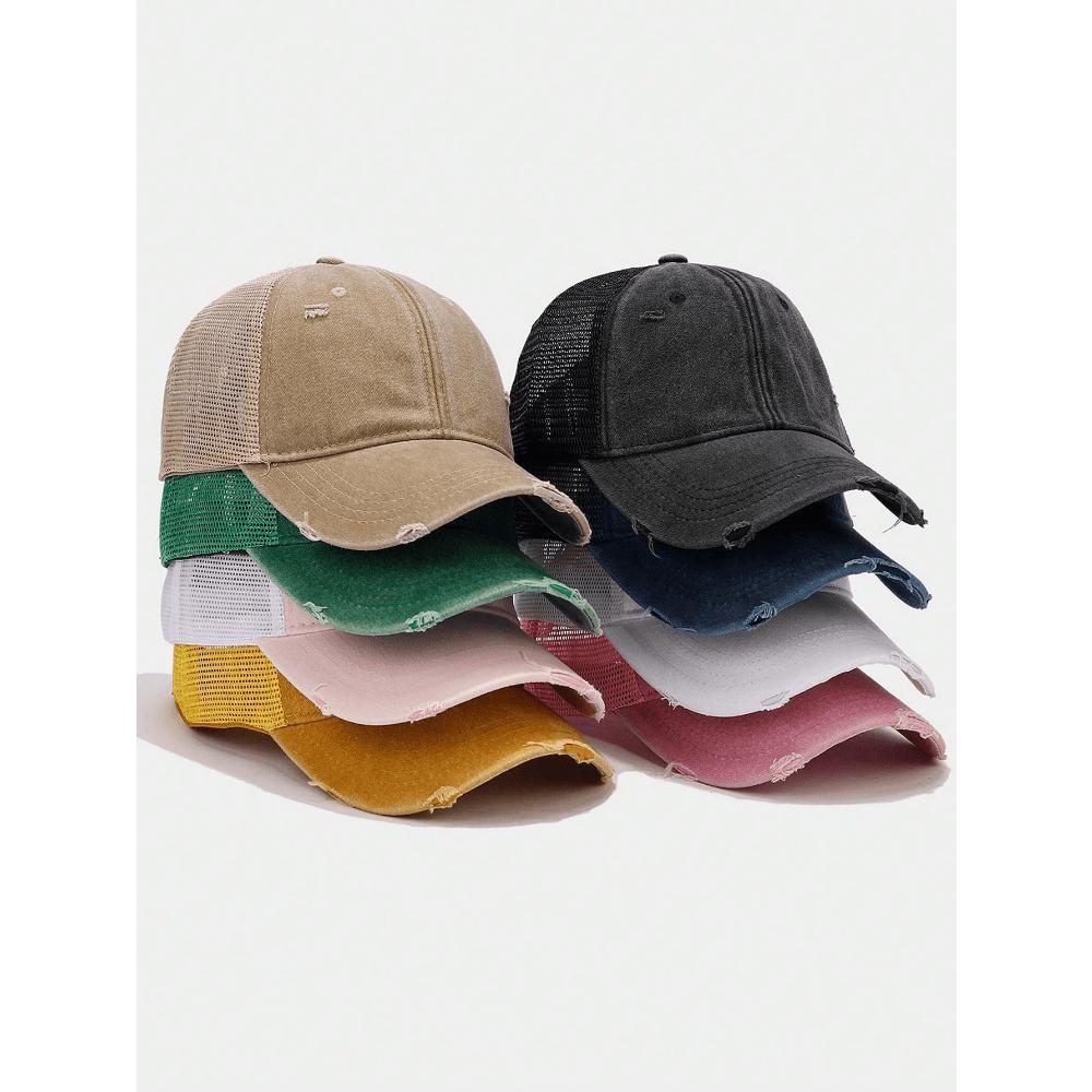 1pc Solid Distressed Perforated Mesh Washed Baseball Cap, Breathable Sun Protection Accessory For Spring/Summer