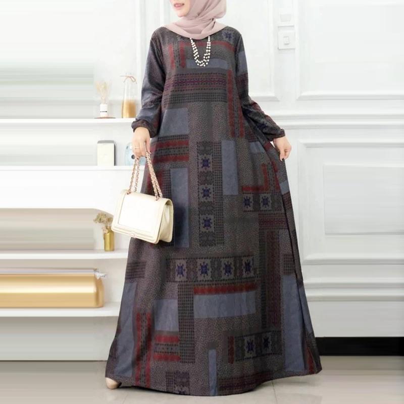 ZANZEA Women Retro Print Loose Casual Round Neck Long Sleeve Dress