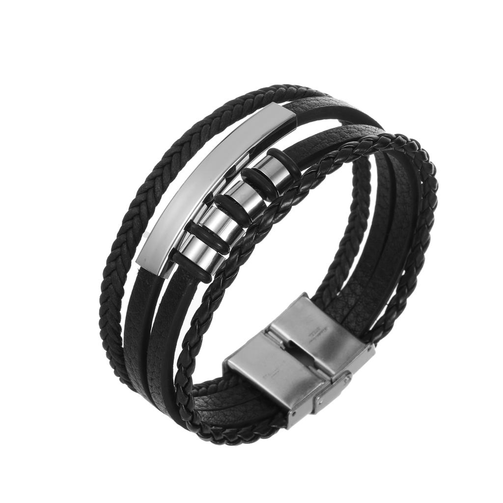 Bracciale da uomo in pelle liscia con gioielli in acciaio inossidabile