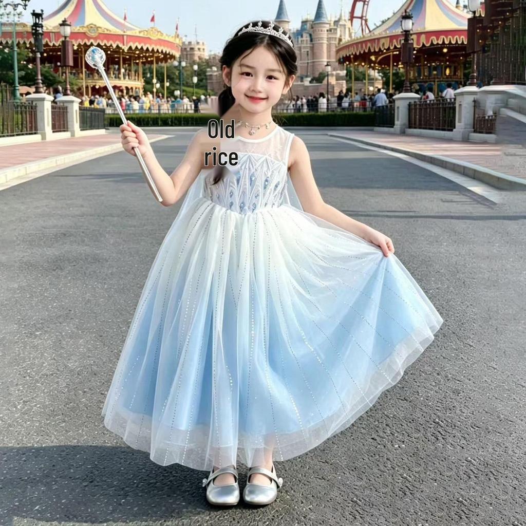 2026 Elsa Princess Dress for Girls - Gradient Ice Blue Rhinestone Cape - Perfect for Performances & Birthday Parties