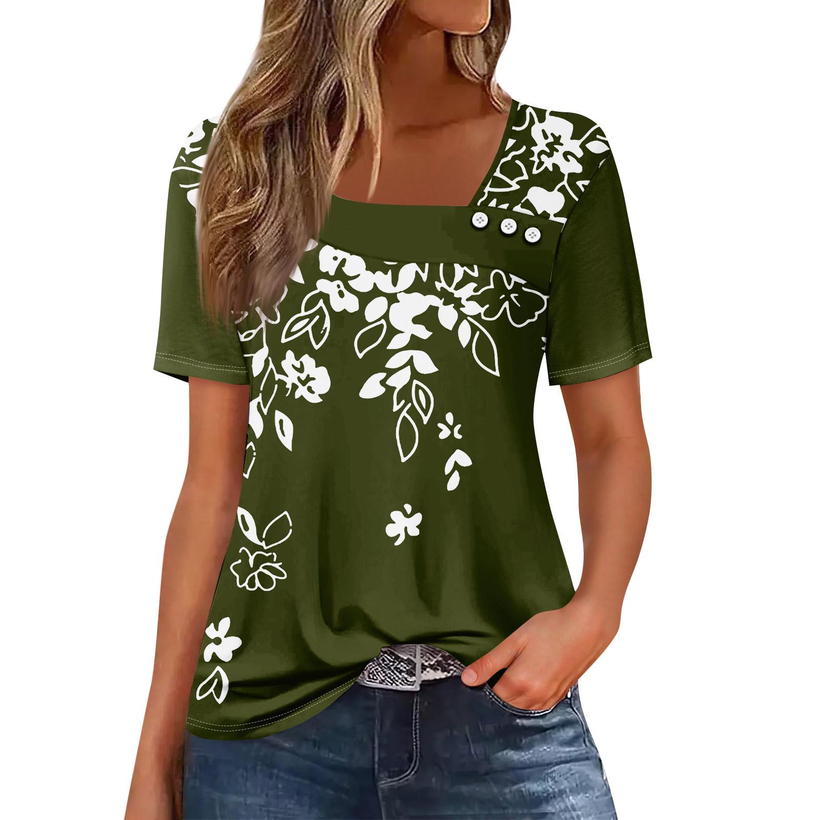 

Женская повседневная футболка с асимметричным вырезом и коротким рукавом, декоративная пуговица L армия зеленый