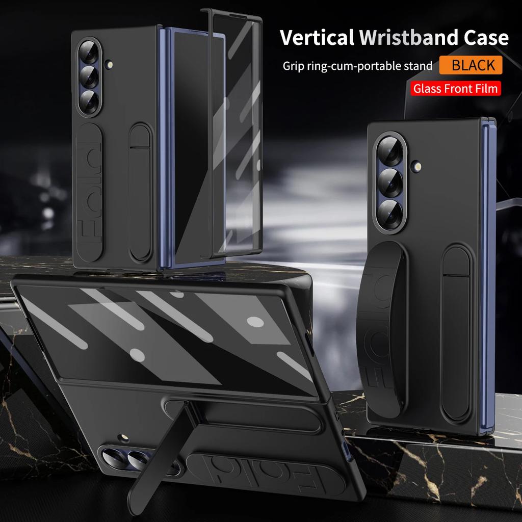 Wristband Foldable Stand Funda for Samsung Galaxy Z Fold 7 6 5 4 Fold7 5G Case Front Glass Lens Protection PC Plastic Cover Capa