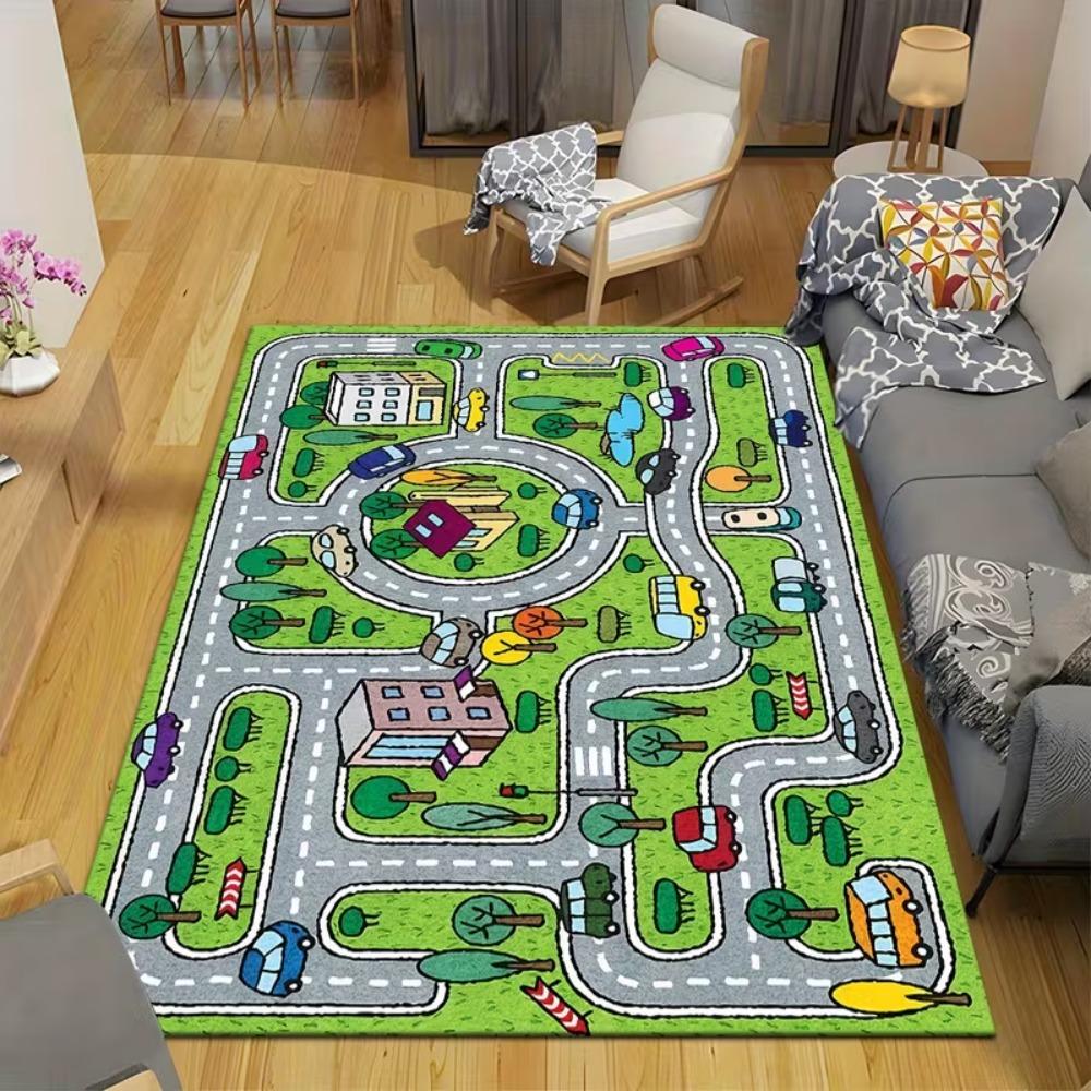 Cute Cartoon Kids Play Mat with Racing Track City Road Amusement Park Elements Designs Soft Educational Decorative Carpet