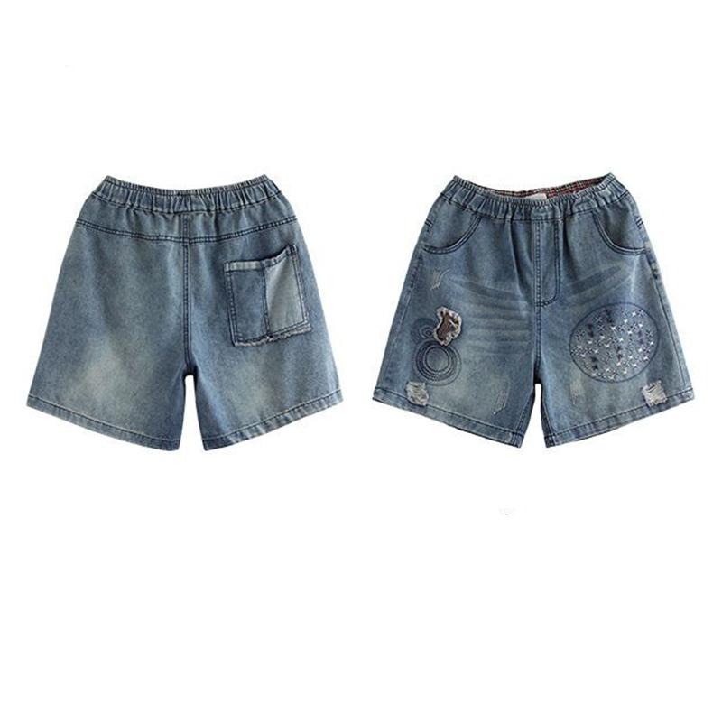 Embroidered denim shorts with holes women's summer Sexy elastic high waisted loose splicing casual short pants female 2025