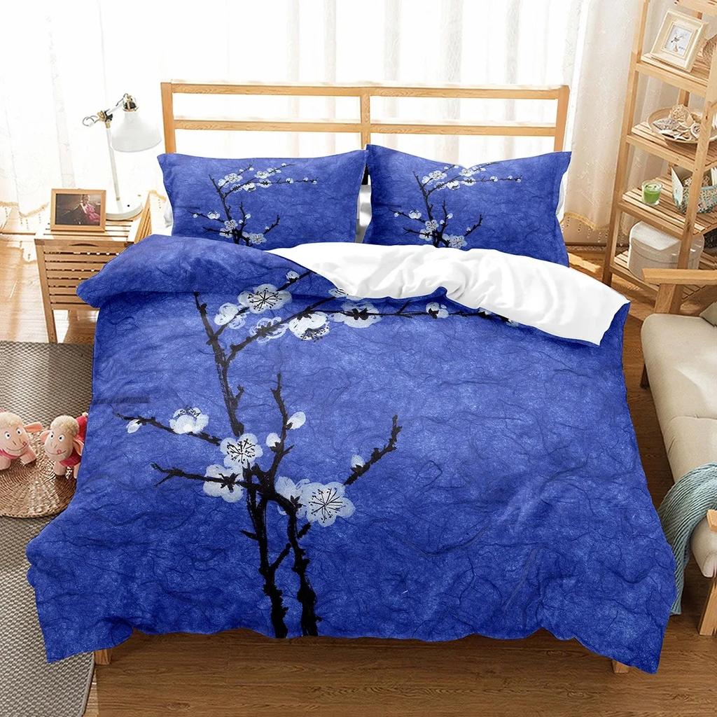 Plum Flower Duvet Cover Set Red Flower Pattern Bedding Set for Girls Women Polyester Comforter Cover Quilt Cover King Full Size