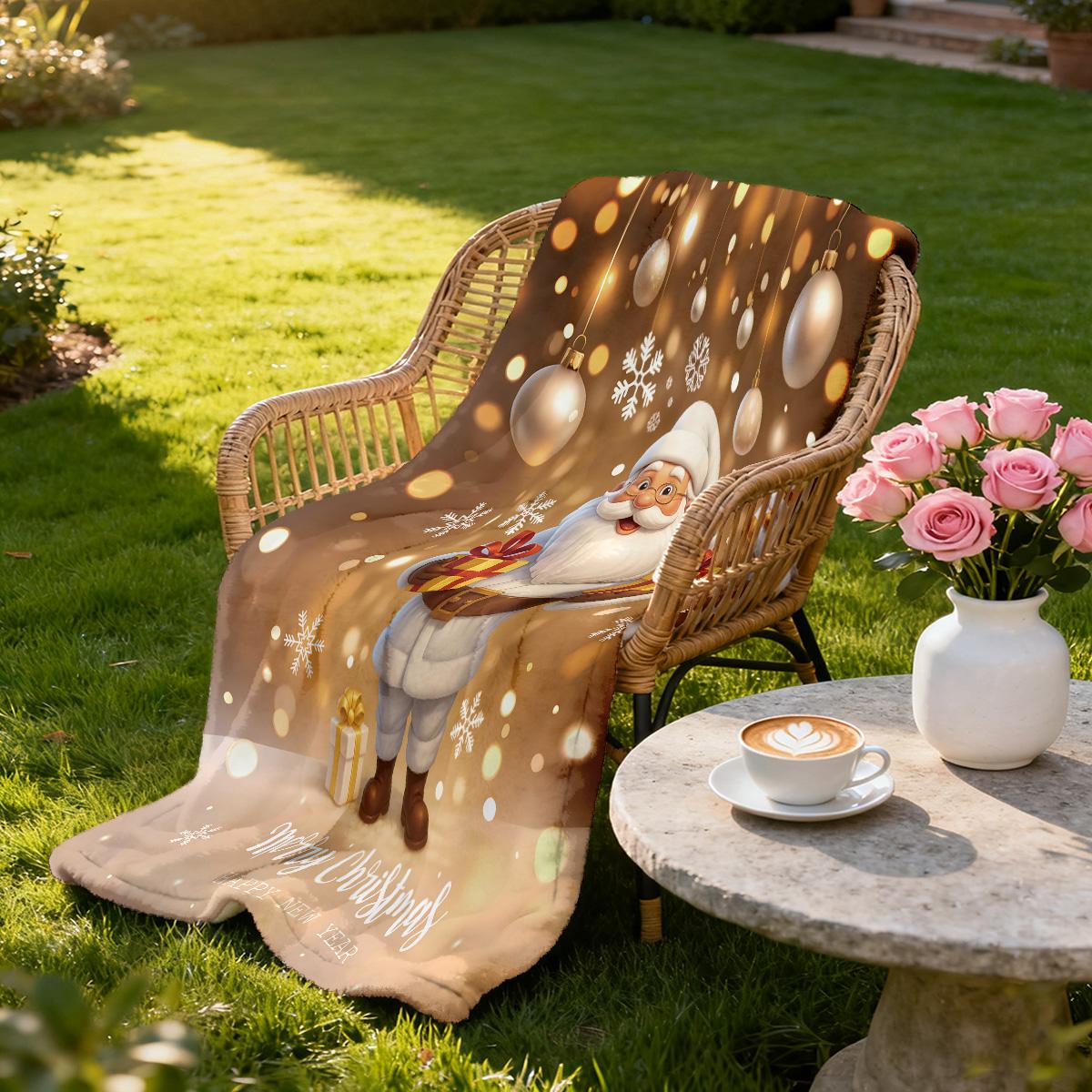 1pc Merry Christmas Golden Santa Claus Print Flannel Blanket Multi Size Living Room Sofa Nap Leisure Blanket Machine Washable 70x100cm