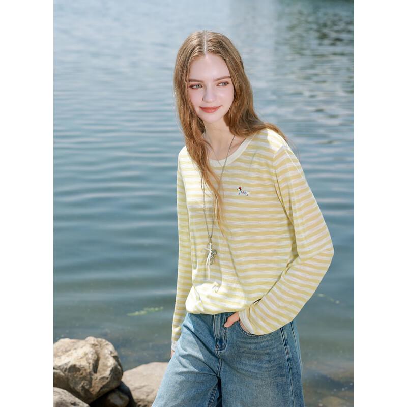 SanCai 2025 Autumn Relaxed Embroidered Striped Knit Pullover