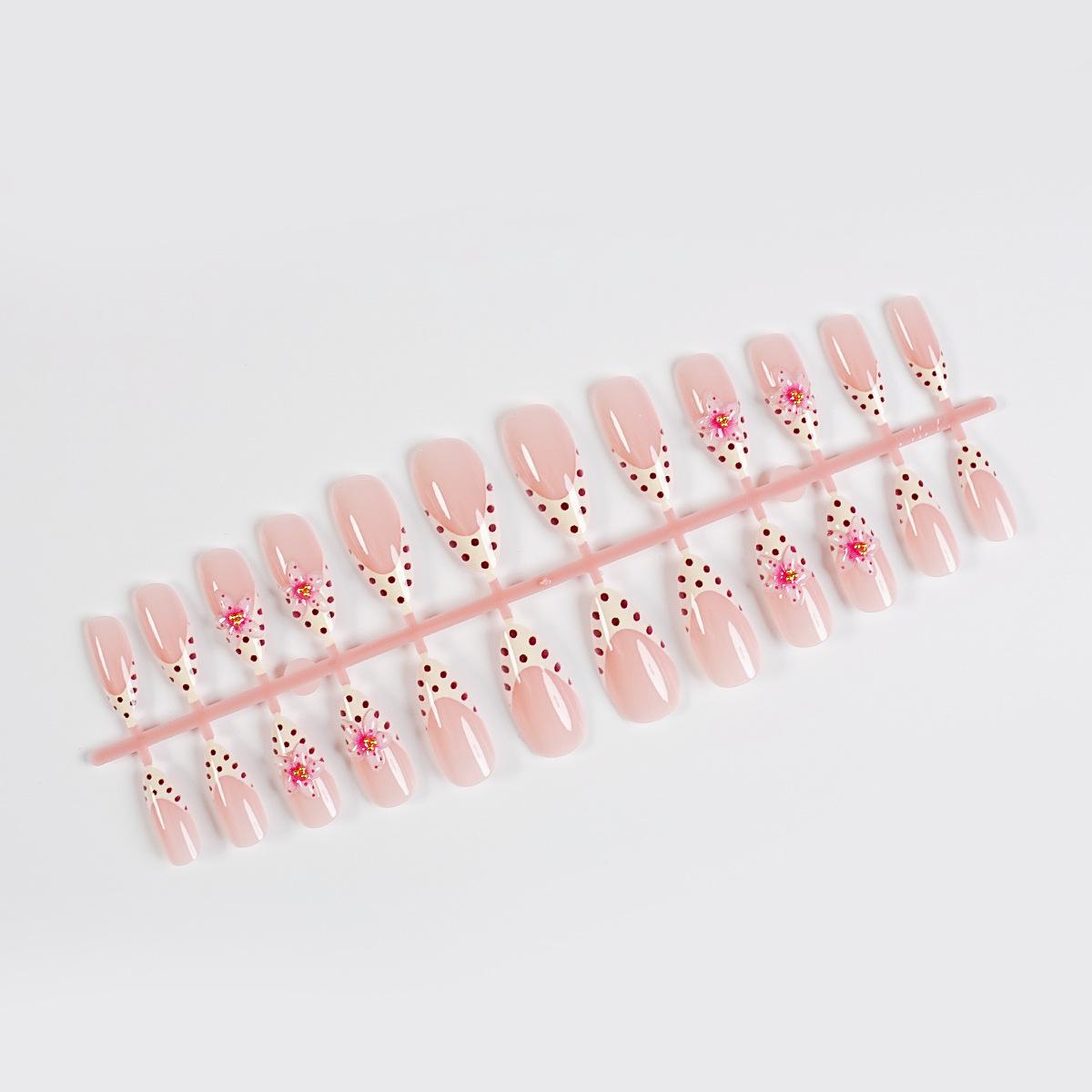 Almond Pink Resin French Flower Handmade Wearable Nails - 24 Pieces.