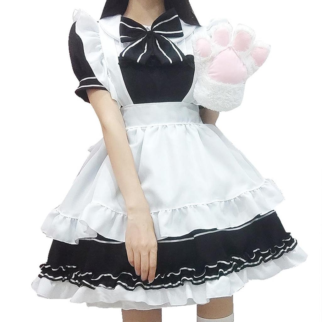 Socpuro Niedliches Maid Lolita Moe Kleid Schürze Maid Café Cosplay Schwarz und authentisches Maid Alltags-Schulkostüm Party Outfit, Lolita/Gothic Stil, + +