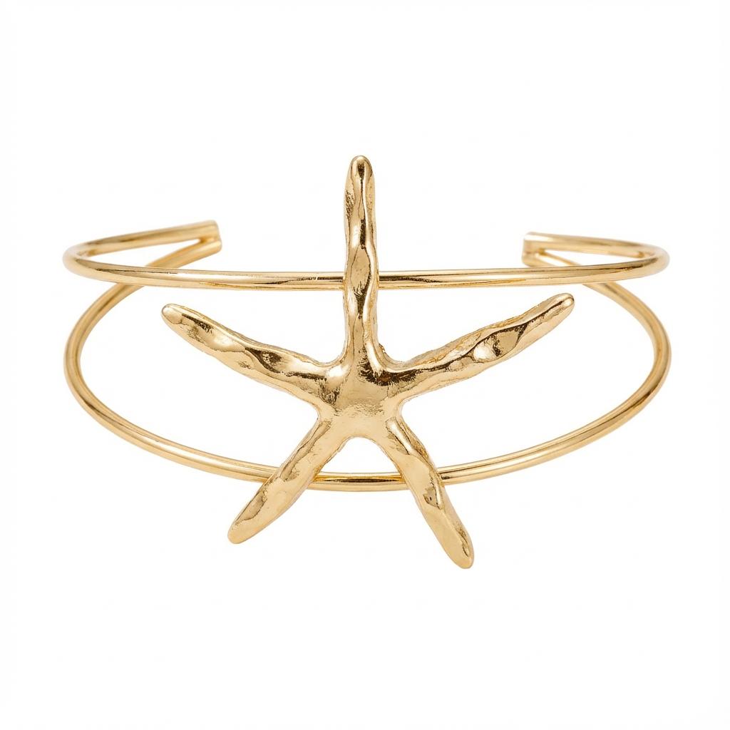 Trendy Gold Color Starfish Shell Arm Cuff Bangle for Women Adjustable Open Upper Arm Bracelet for Summer Beach Vacation Jewelry