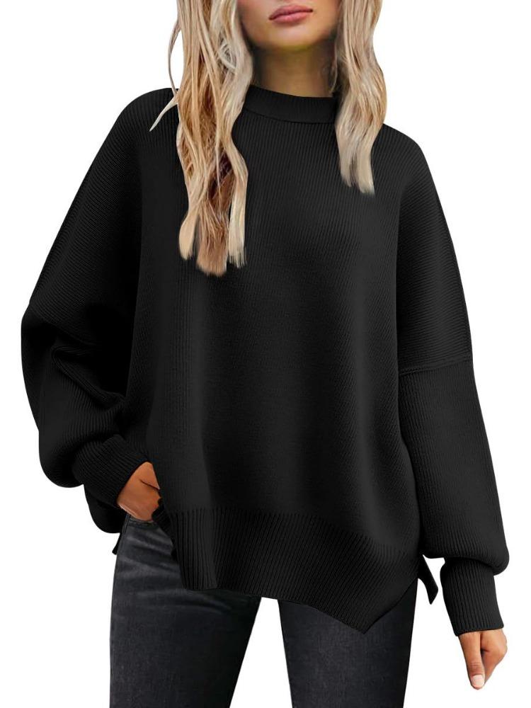 Women's Round Neck Batwing Sleeve Long Sleeved Ribbed Knit Sweater with Side Slit Pullover Luxurious Relaxed-fit Slimming and Versatile Top