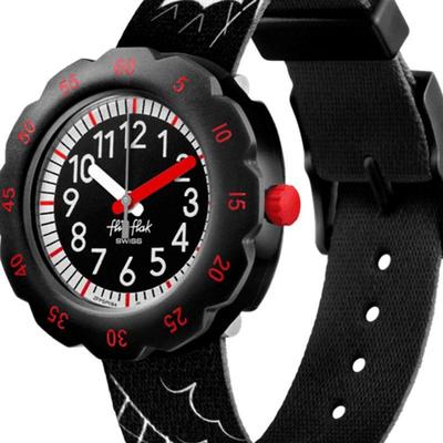 Flik Flak Feifei Series Quartz Movement 30 Meters Waterproof Unisex Swiss Watch 34.75mm Black Dial Plastic Case Fabric Strap ZFPSP064