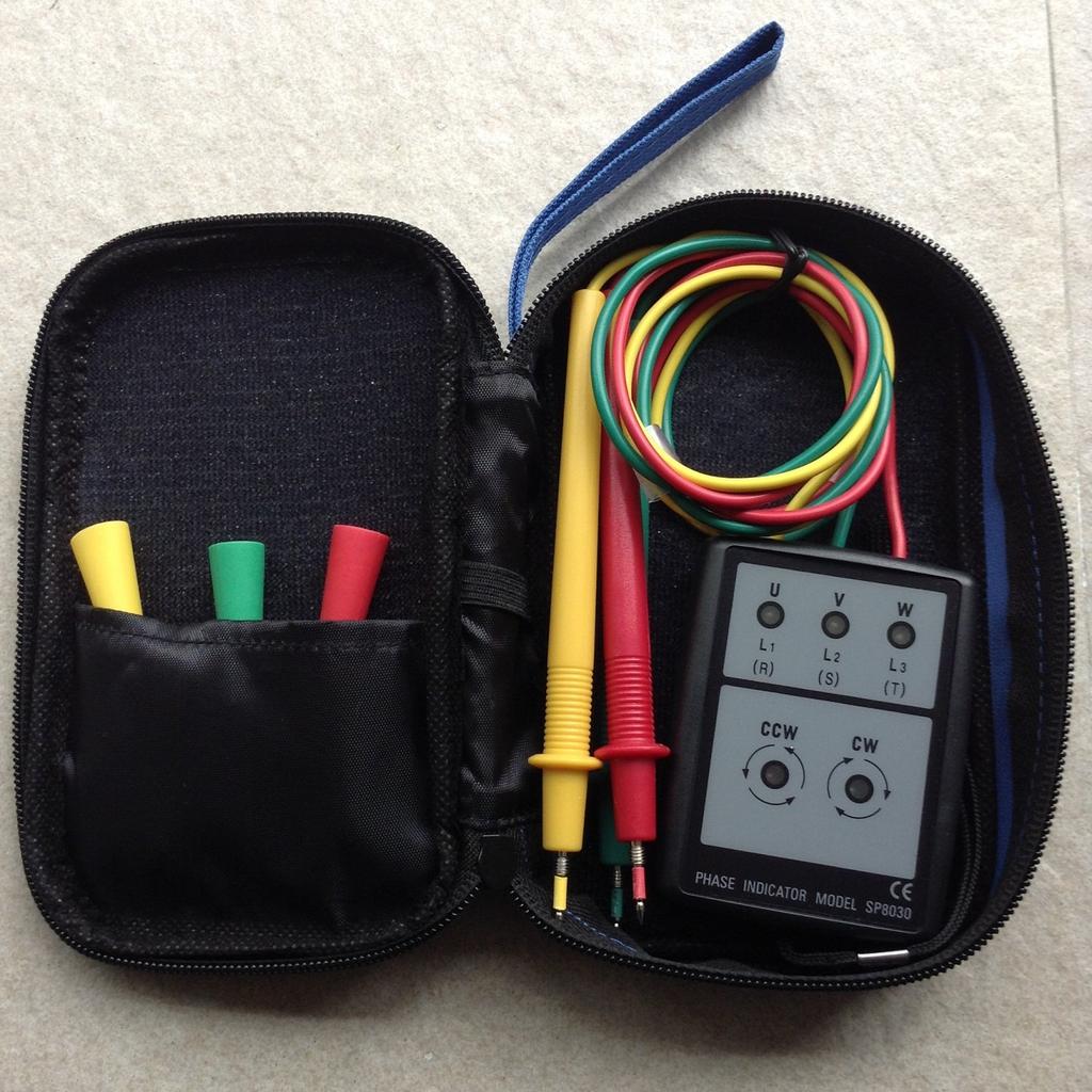 Three-phase phase tester with LED, buzzer, and case. Suitable for use with transformers, inverters, circuit breakers, outlets, cords, extension cords,