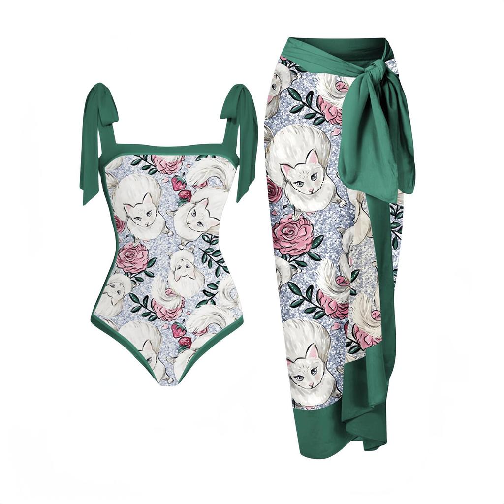 2024 European & American Women's Sun Protection Swimwear - Two-Piece Set with Beach Print, Conservative Style.