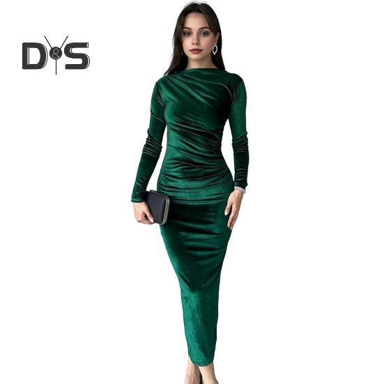 Dámské večerní šaty Slim Fit Skládaný Bateau Neck Dlouhý rukáv Čistě barevné Midi šaty Pouzdro na lýtka Plesové koktejlové šaty