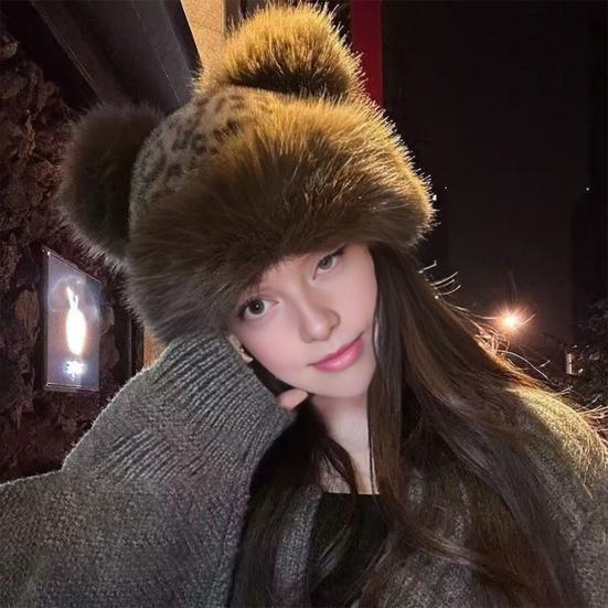 Winter Hat Retro Style Leopard Print Plush Trim Windproof Hat Bear Ear Decor Thickened Warm Women Hat