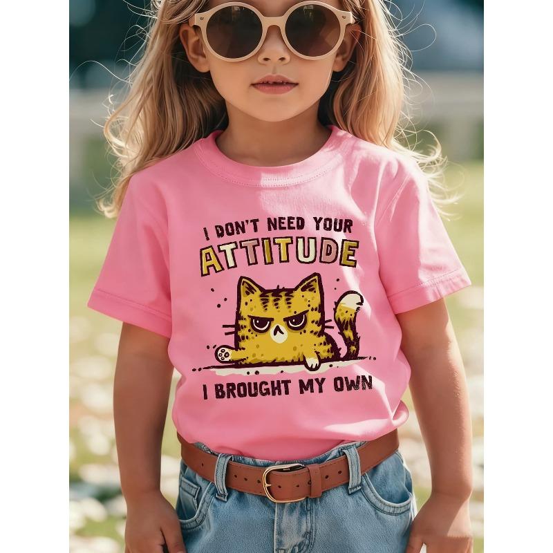 

European sizes Summer Fashion Short-Sleeve T-Shirt for Girls with The Phrase I DON T NEED YOUR ATTITUDE And a Colorful Cat Graphic 164cm рожевий