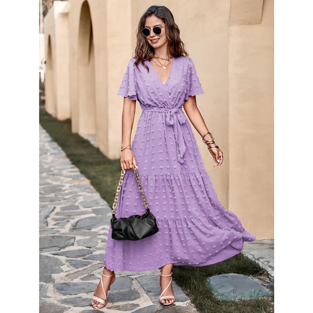 New Boho Swiss Dot Maxi Dress for Women, V Neck Flowy Short Sleeve Tie Waist A Line Long Dress