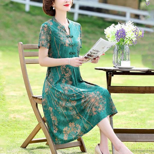 Cheongsam retro, mamă de vârstă mijlocie și în vârstă, costum cu fustă slabă, rochie largi de lungime medie de gamă înaltă