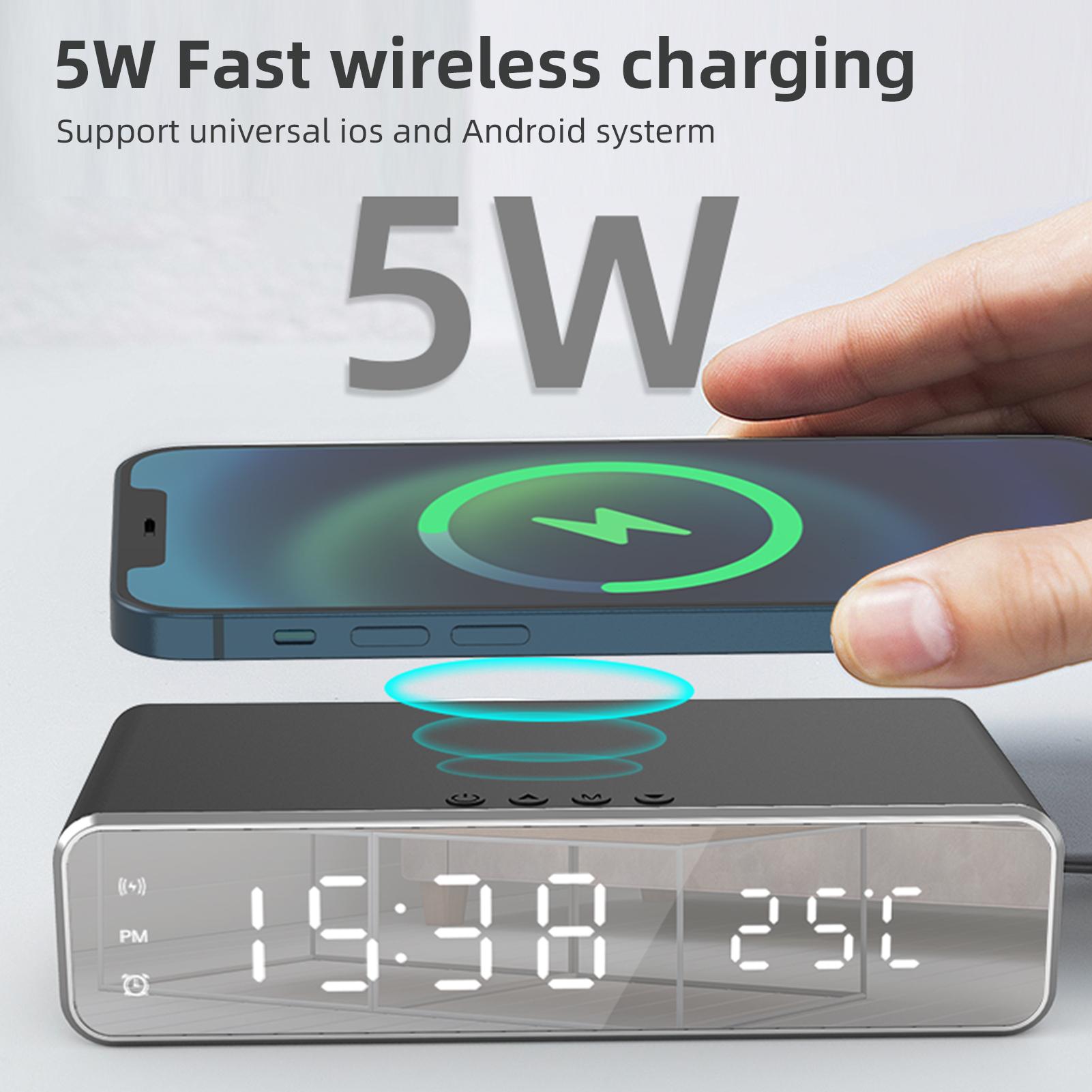 

Digital Alarm Clock for Bedroom Electronic Clock with Wireless Charging for Phone Hdset Thermometer Temperature Date Display 3 Alarms 12/24H LED Mirro