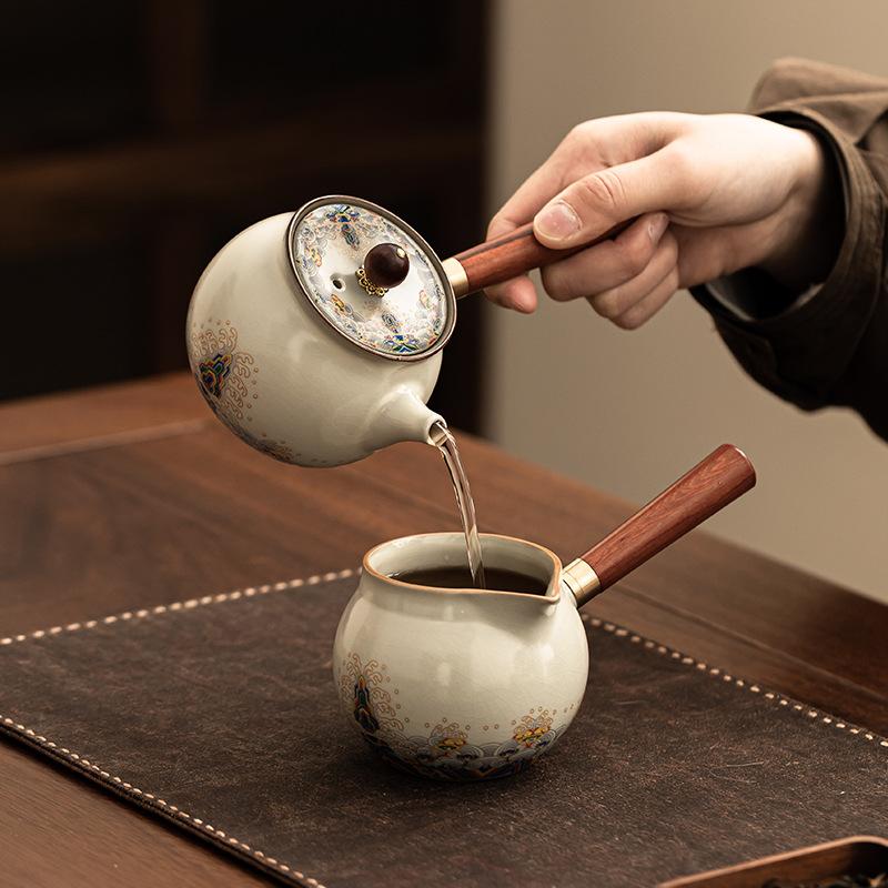 Lusso leggero Forno Ru legno massello bollitore laterale per fare il tè Set da tè Kung Fu in ceramica per la casa Bollitore singolo apertura alta grande capacità anti-scottatura