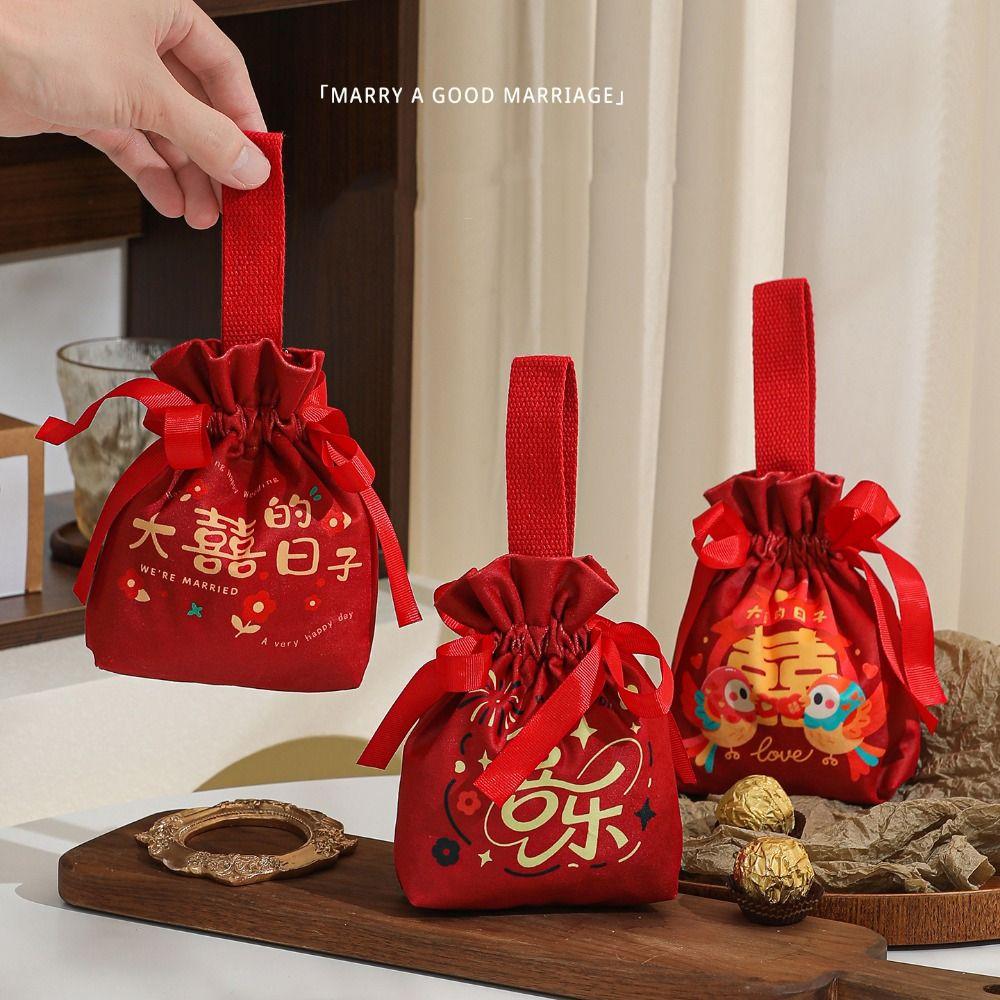 Traditional Canvas Wedding Candy Bag Tassels Drawstring New Year Gifts Bag Spring Festival Flower Chinese Style Handbag Party
