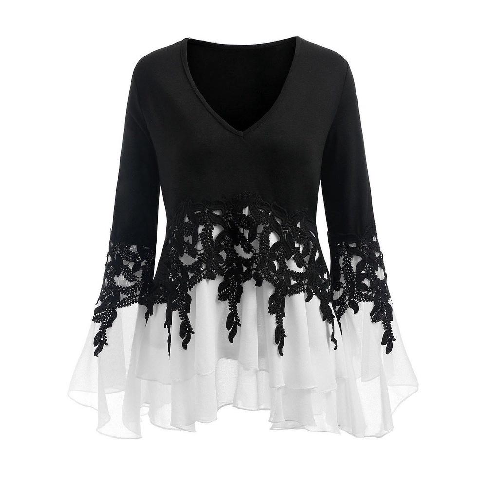 Elegant Women Ladies Long Sleeve V Neck Patchwork Tunic Tops For Casual Comfort