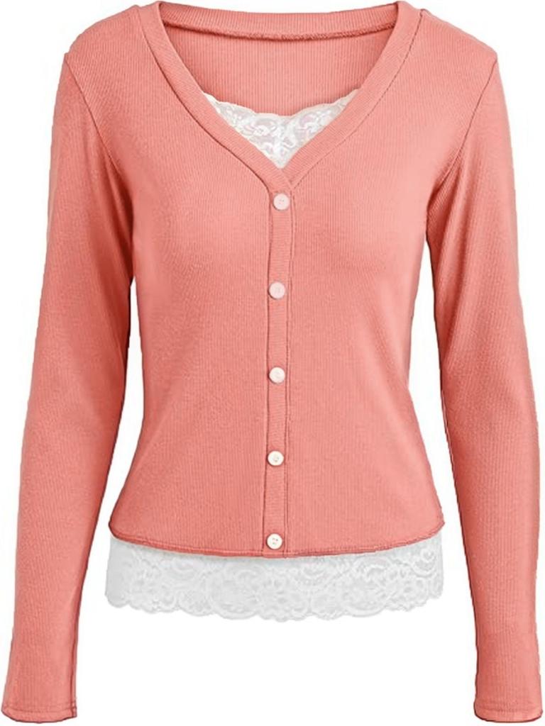 2025 Versatile V-neck Button Ribbed Lace Patchwork Long Sleeve Women's Top