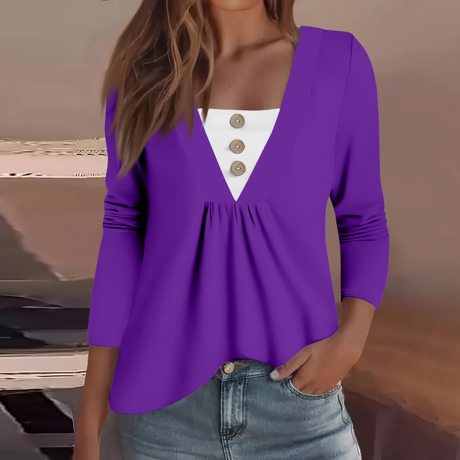 

Женская модная повседневная рубашка с длинным рукавом, однотонная, с пуговицами, с V-образным вырезом XL фиолетовый