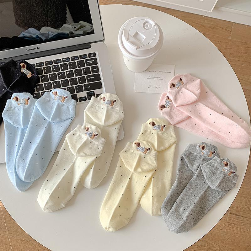 Female Spring and Summer Thin Pure Cotton Polka Dot Cute Cartoon Dachshund Embroidered Boat Socks