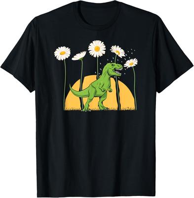 Dinosaur Spring Sunset Towering Daisy Flowers Dino T Rex TShirt Couple Kawayi Summer Short Sleeve Tops Ropa Hombre