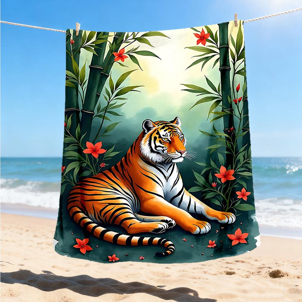 1pc Tiger Bamboo Flowers Throw Blanket Polyester Fiber, Lightweight Flannel, Soft & Warm, All Season Use for Outdoor, Camping Digital Print
