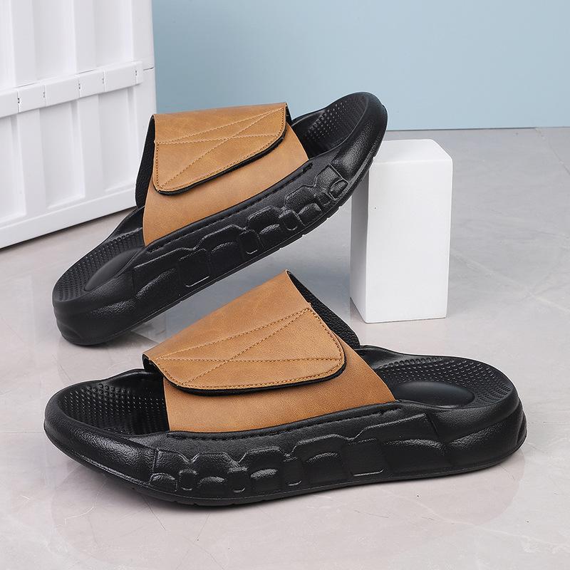 

One-word drag men s high-end new soft-soled slippers beach shoes Velcro one-word slippers 45 верблюд