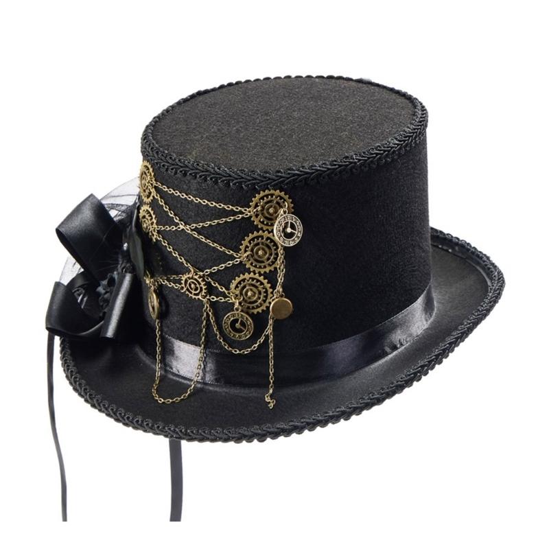 Gear Chain Fedoras Hat Halloween Girl Head Wear Medieval Steampunk Flat Top Hat