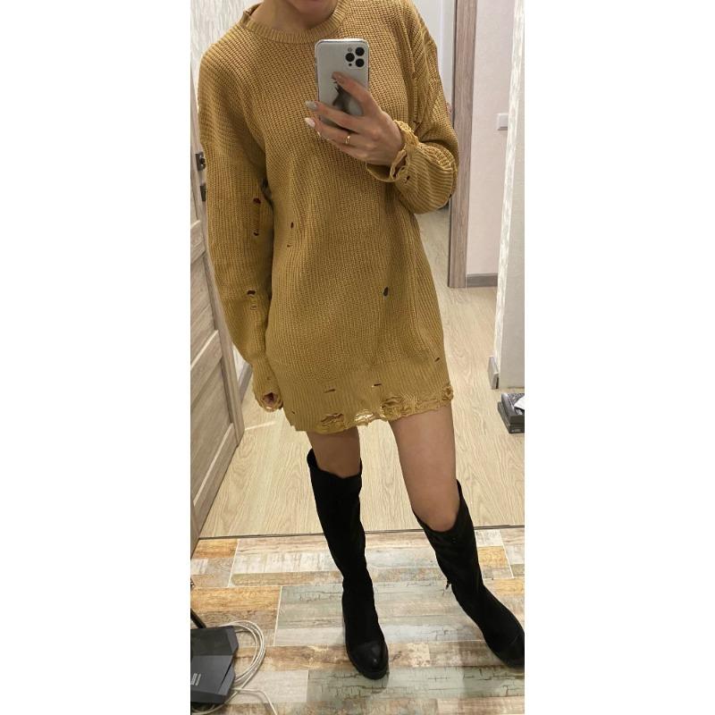 Plus Size Women's Loose Solid Color Ripped Sweater Long Autumn Crew Neck Pullover Long Sleeved Sweater