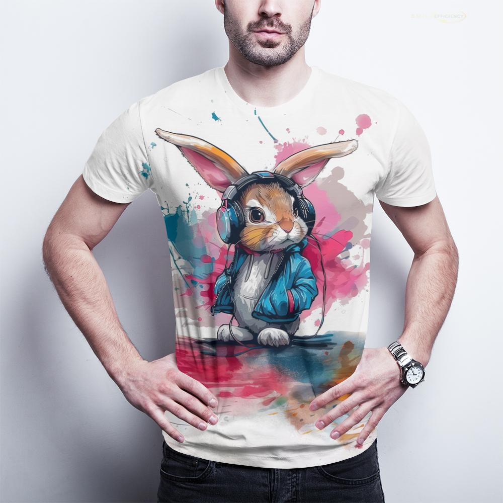 Hip-Hop Bunny Graphic Tee - Urban Streetwear Rabbit with Headphones, Splash Art Design, Soft Polyester, Men's T-Shirt