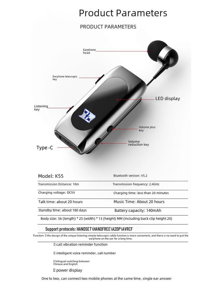 Zestaw słuchawkowy Bluetooth K55: Alerty wibracyjne, Klips, Kabel zwijany, Sportowa konstrukcja douszna do jednego ucha