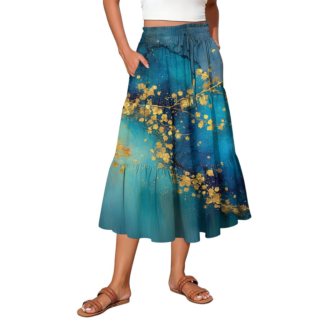 Womens Maxi Skirt Drawstring High Waisted Summer Long Skirts Lightweight Tiered Flowy Floral Pleated Skirts