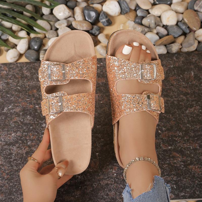 Cool slippers women's new large-size sequined one-word buckle women's slippers