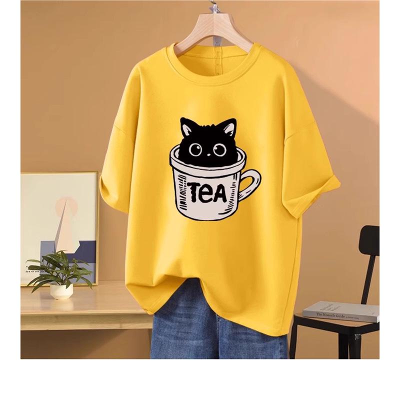 

European Style Oversized Cartoon T-shirt - Women s White Round Neck Mid-length Top (2025 Edition) Medium